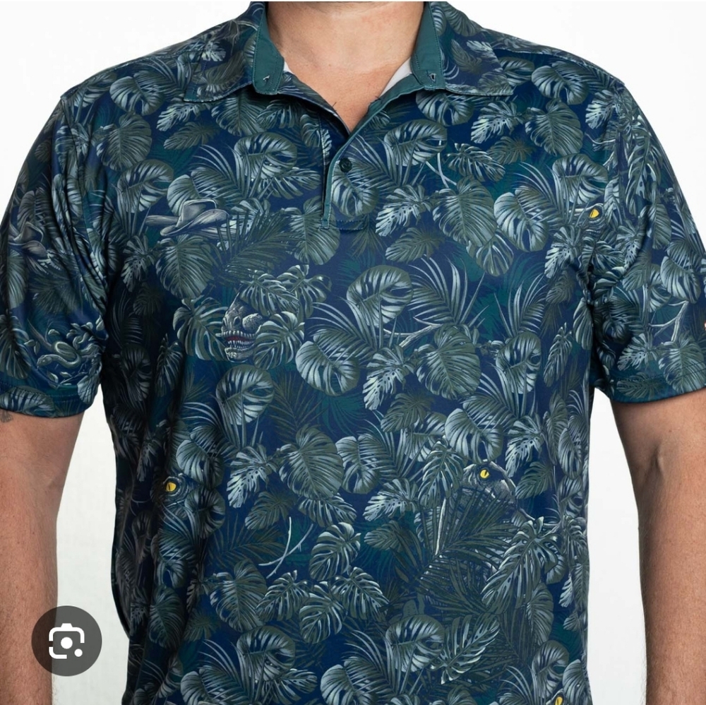 SOLD NWOT RSVLTS Jurassic Park Navy Blue Tropical Polo Shirt